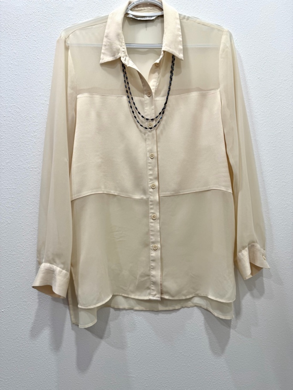 Zara Cream Semi-Sheer Mixed Media Button-Down Blouse | Size M
